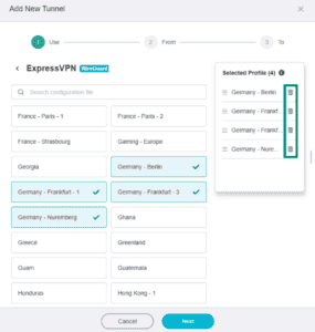 GL.iNet Fortify page for adding a new VPN tunnel, showing highlighted trashcan icons next to selected profiles.