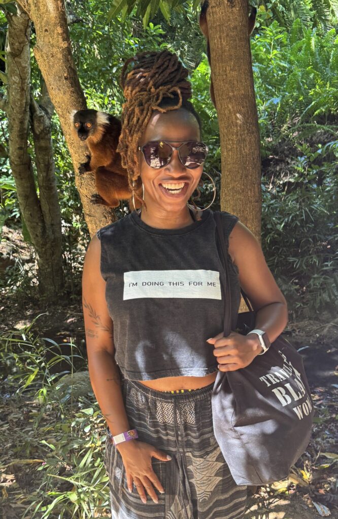 Nosy Koomba, Lemurs Island, Madagascar National Park, Black Women Travel, Lemur on shoulder