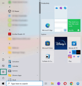 The settings icon in the Start menu on Windows 10.