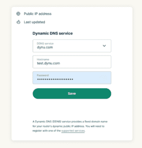 Dynamic DNS settings with Dynu hostname and password fields filled in.