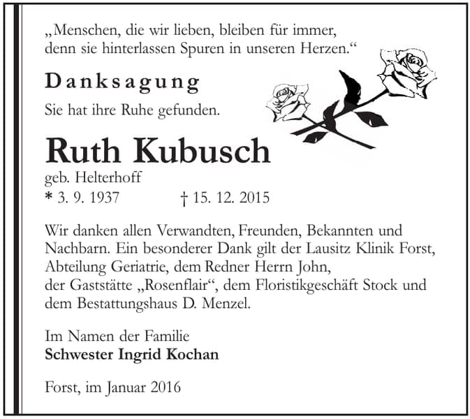 Danksagung Ruth Kubusch, geb. Helterhoff