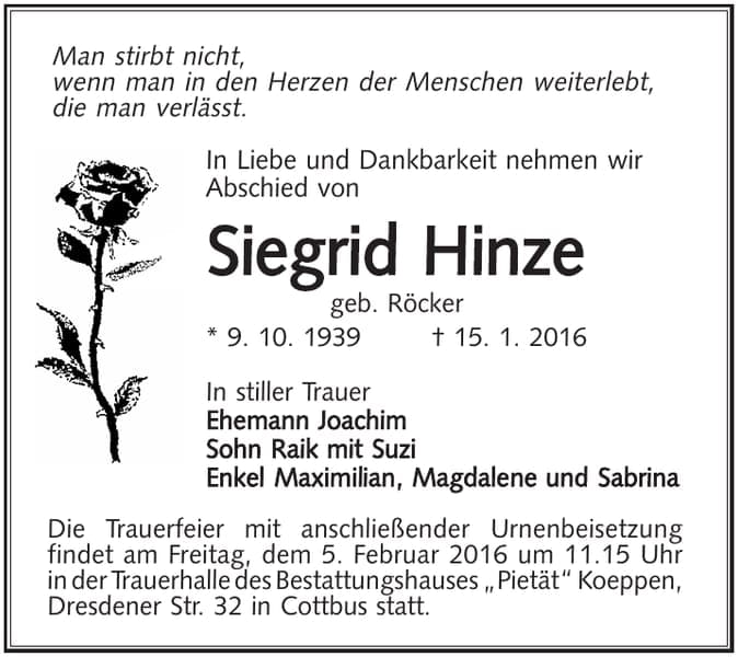 Traueranzeige Siegrid Hinze, geb. Röcker