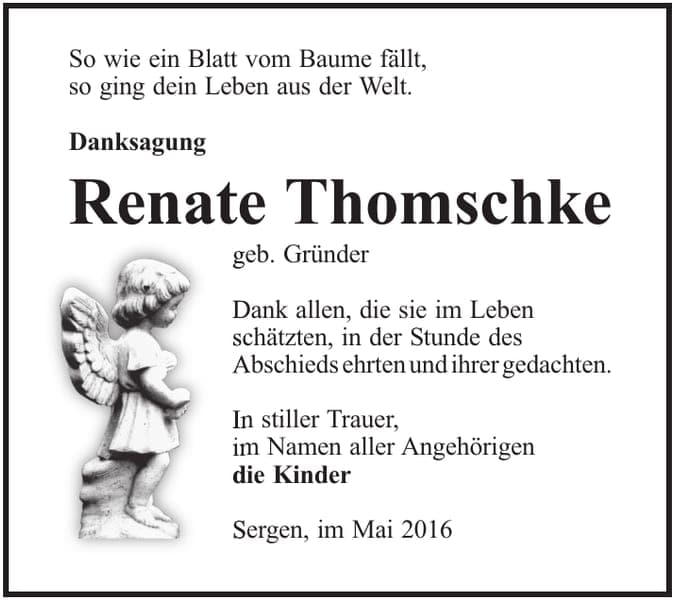 Danksagung Renate Thomschke, geb. Gründer