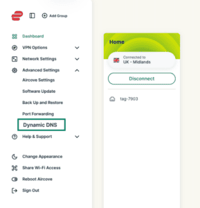 Aircove sidebar with Dynamic DNS highlighted in Advanced Settings.
