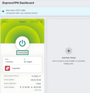 ExpressVPN dashboard on a GL.iNet Fortify router, showing a highlighted "Connected" status.
