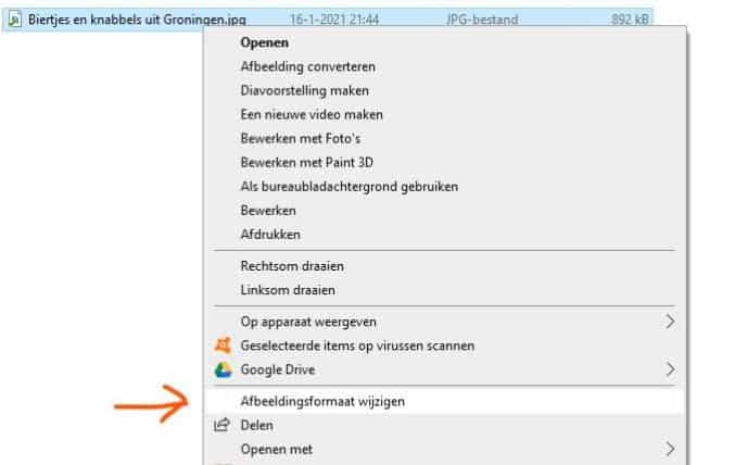 Het starten van Image resizer voor windows door met de rechter muisknop op een bestand te klikken.