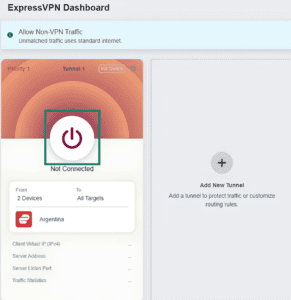 ExpressVPN dashboard on a GL.iNet Fortify router, showing a highlighted power button.
