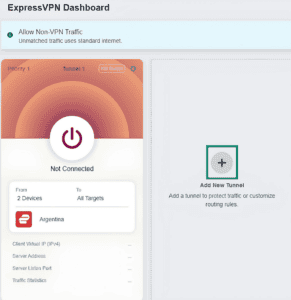 ExpressVPN dashboard on a GL.iNet Fortify router, showing a highlighted "Add New Tunnel" button.