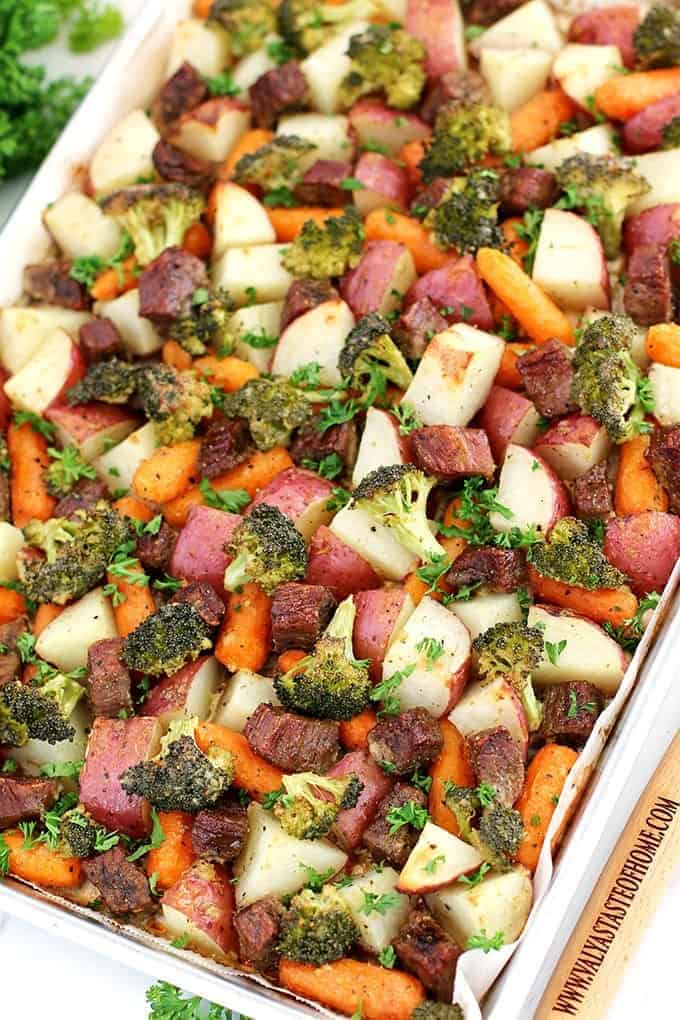 Sheet pan with roasted beef and vegetables