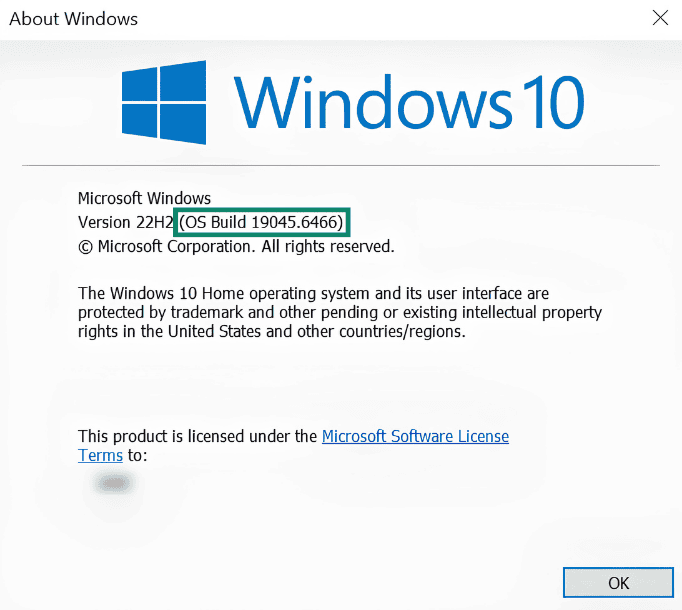 About Windows page on a Windows 10. The OS build is highlighted.