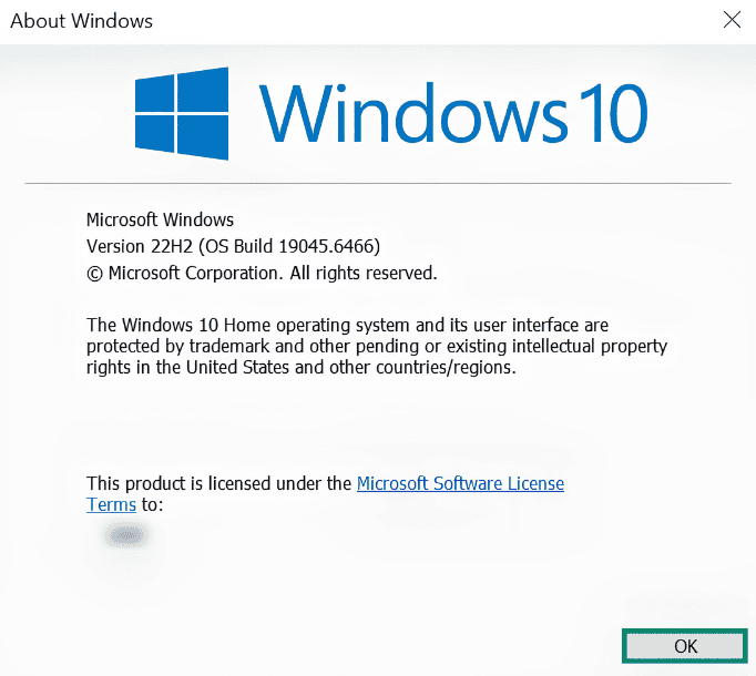 About Windows page on a Windows 10. The "OK" button is highlighted.