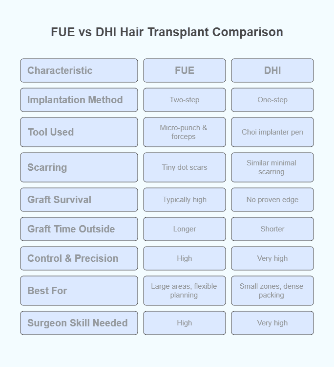 FUE vs DHI transplant comparison table infograhic