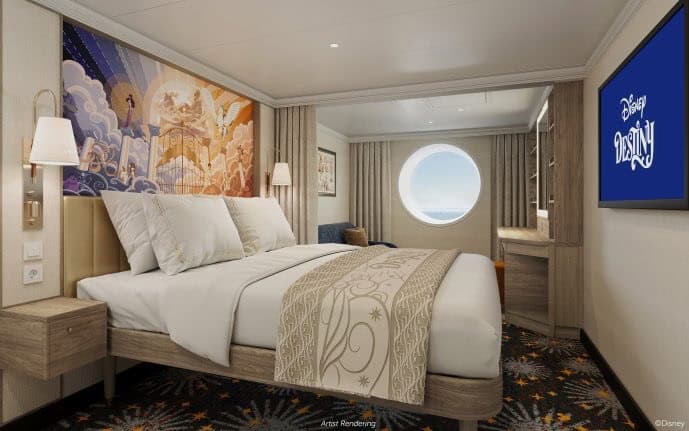 With luxurious accommodations that embrace the duality in every great story, a hero’s welcome will be waiting for guests aboard the Disney Destiny. Each oceanview stateroom will showcase custom artwork depicting the epic journeys of famous Disney legends and include features that uniquely meet the needs of families. (Disney)