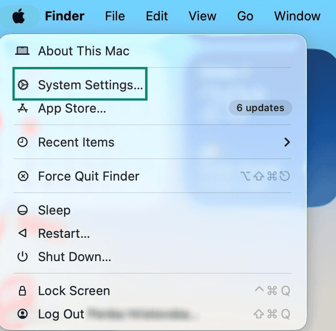 Apple menu on a Mac, showing a highlighted "System Settings..." menu item.