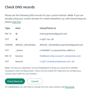 The ExpressMailGuard "Check DNS records" window