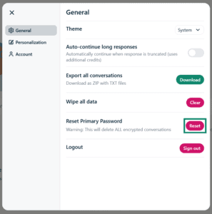 Screenshot shows the ExpressAI settings menu. An arrow points to the Reset button for resetting the primary password.