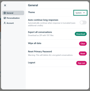 Screenshot of the Settings menu on the desktop version of ExpressAI. An arrow points to the dropdown menu next to Theme.