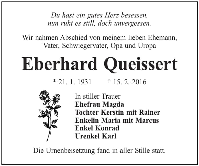 Traueranzeige Eberhard Queissert