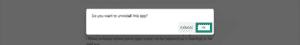 Google Play Store uninstallation confirmation dialog box asking "Do you want to uninstall this app?", with the "OK" button highlighted by a green box next to the "Cancel" button.