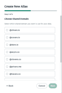 The "Create New Alias" pop-up, showing a list of shared domains.