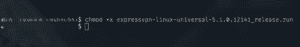 Linux terminal showing the command to make the ExpressVPN installer executable.