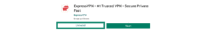 Google Play Store listing page for ExpressVPN, showing app details with the "Uninstall" button highlighted in a green box next to the "Open" button.