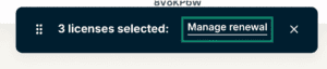 Pop-up window for selected user licenses in the ExpressVPN for Teams admin panel. The "Manage renewal" option is highlighted.