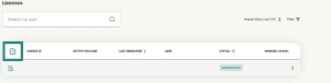 ExpressVPN for Teams admin dashboard, showing a highlighted checkbox next to "LICENSE ID."