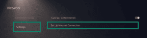 PlayStation "Network" settings screen, with both the "Settings" option and the "Set Up Internet Connection" menu row highlighted by green boxes.