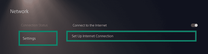 PlayStation "Network" settings screen, with both the "Settings" option and the "Set Up Internet Connection" menu row highlighted by green boxes.