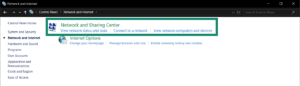 Windows' Network and internet settings, with the "Network and Sharing Center" option highlighted.