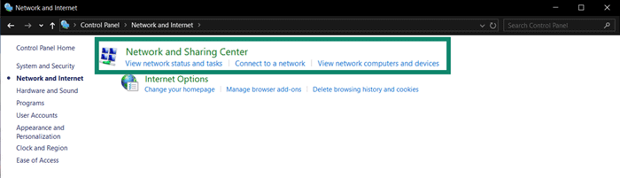 Windows' Network and internet settings, with the "Network and Sharing Center" option highlighted.