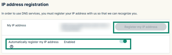 IP Address registration screen in ExpressVPN's DNS settings menu