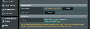 Asus router advanced settings page showing the system administration options, with the "Upload" link highlighted inside a teal box.