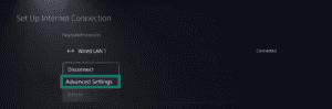 PlayStation "Set Up Internet Connection" screen showing a registered wired connection, with the context menu option "Advanced Settings" highlighted in a green box.