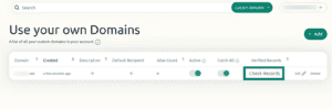The ExpressMailGuard "Use your own Domains" page with the "Check Records" button highlighted