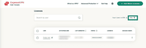 The "Filter" option under LIcenses section in the ExpressVPN for Teams dashboard.
