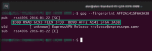 Linux terminal showing the fingerprint verification for the ExpressVPN PGP key.