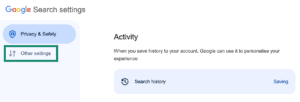 Google Search settings with Other settings highlighted in the left navigation.
