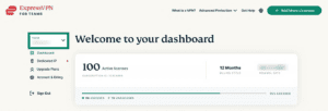 ExpressVPN for Teams dashboard showing the main welcome view and sidebar navigation, with the team selection dropdown menu highlighted in a green box