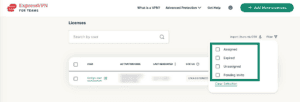The "Filter" options for users in the ExpressVPN for Teams dashboard.