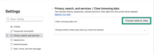 Microsoft Edge browser clear browsing data settings.