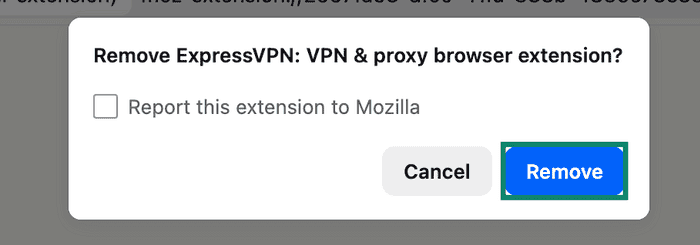 Firefox confirmation dialog for removing the ExpressVPN browser extension, with Remove highlighted.