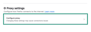 Configure proxy option in Firefox settings menu