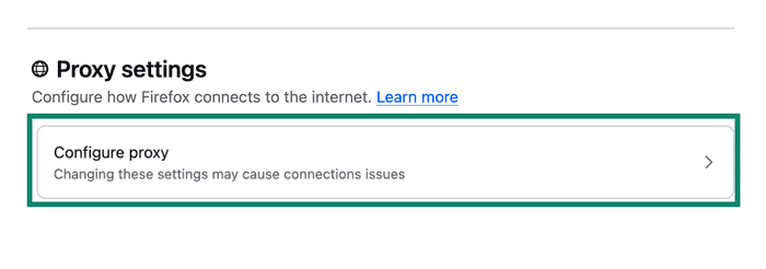 Configure proxy option in Firefox settings menu