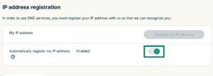 The "Automatically register my IP address" toggle in the IP registration section of the ExpressVPN+ portal.
