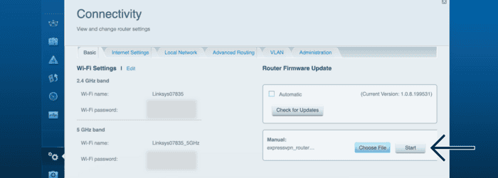 Klik op “Start” om de ExpressVPN firmware op te starten.