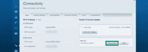 Linksys router connectivity and firmware update page, with the "Choose File" button for manual firmware upload highlighted inside a teal box.