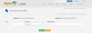 Dynu Add Dynamic DNS page showing hostname and domain options
