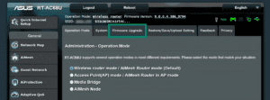 Asus router management dashboard displaying system settings tabs, with "Firmware Upgrade" highlighted inside a teal box.